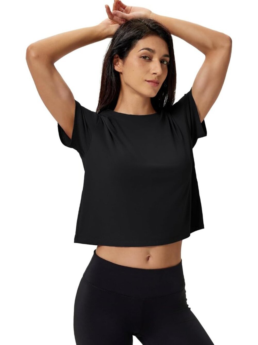 〽️Women's Black Short Sleeve Cotton Athletic Crewneck Casual Loose Crop Tops